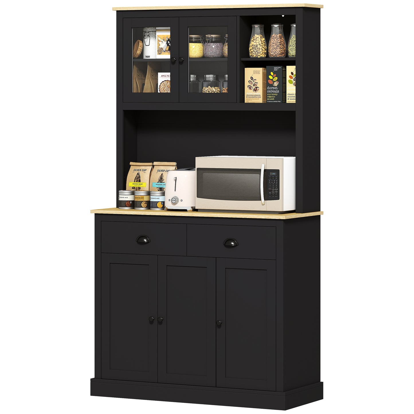 Freestanding Kitchen Cabinet, 71" Tall Pantry Cabinet, Modern Hutch with Wide Countertop, Adjustable Shelves, Black
