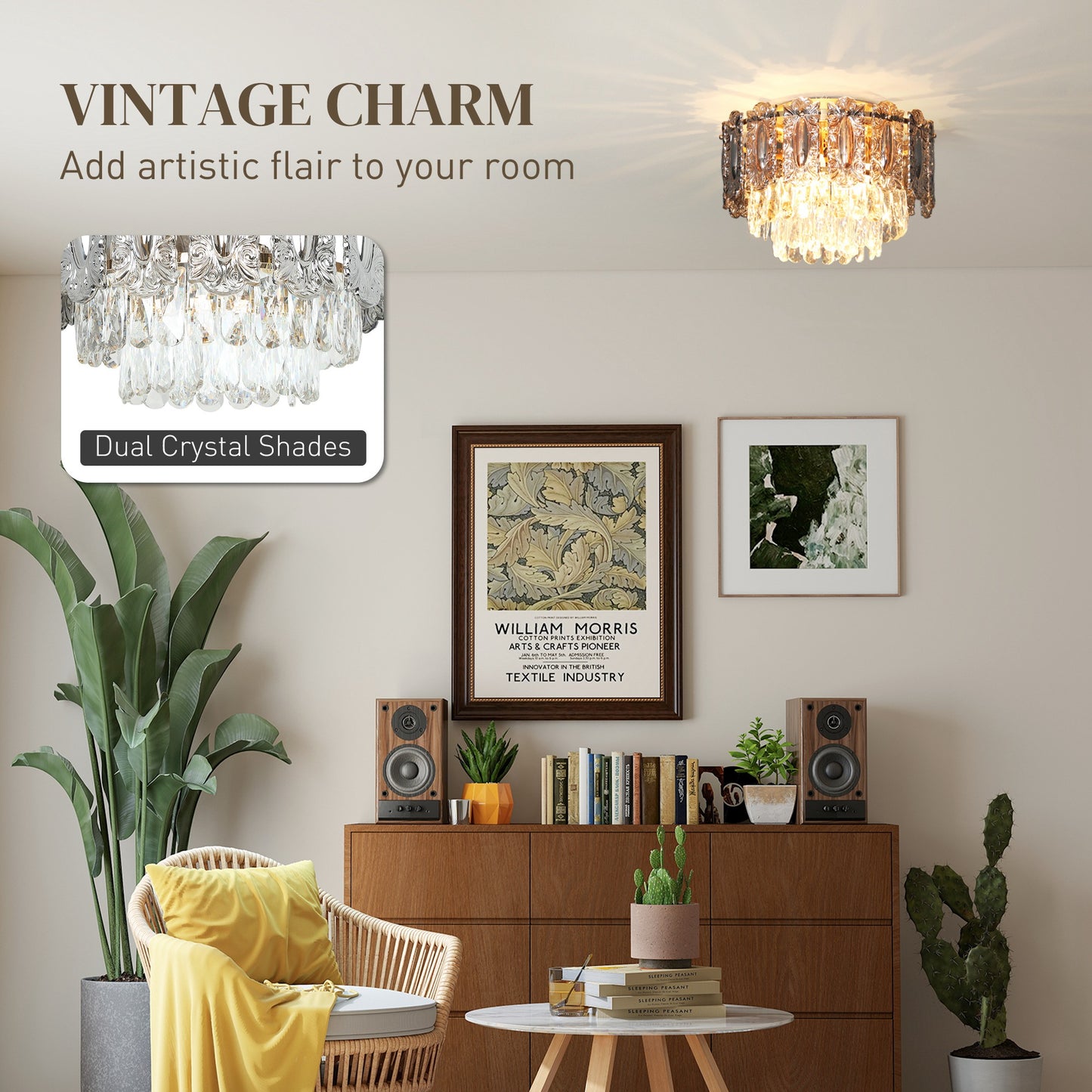 Chandelier Ceiling Light, 3-Light Vintage Flush Mount Fixture With Dual Crystal And Smoke Glass Shade, LED Ceiling Light For Living Room Bedroom, 3 E27 Sockets, Bulbs Not Included, Gold Tone