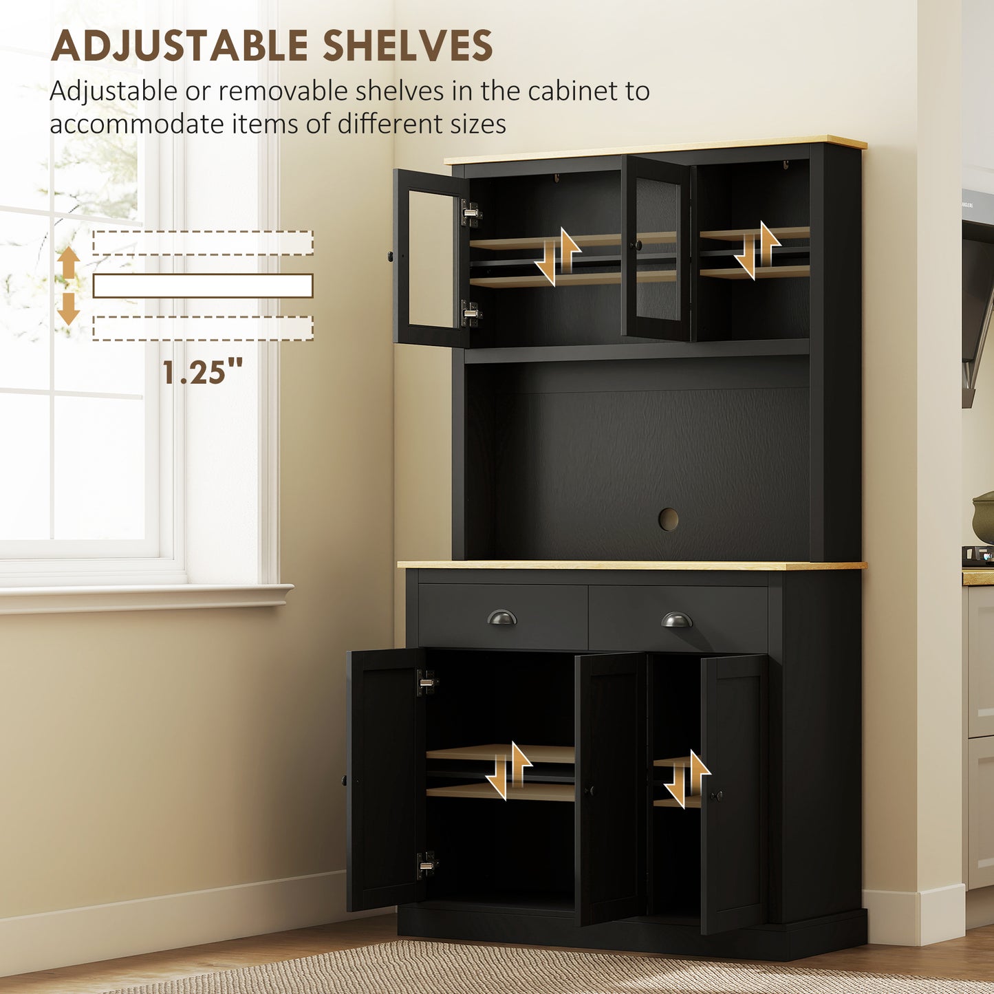 Freestanding Kitchen Cabinet, 71" Tall Pantry Cabinet, Modern Hutch with Wide Countertop, Adjustable Shelves, Black