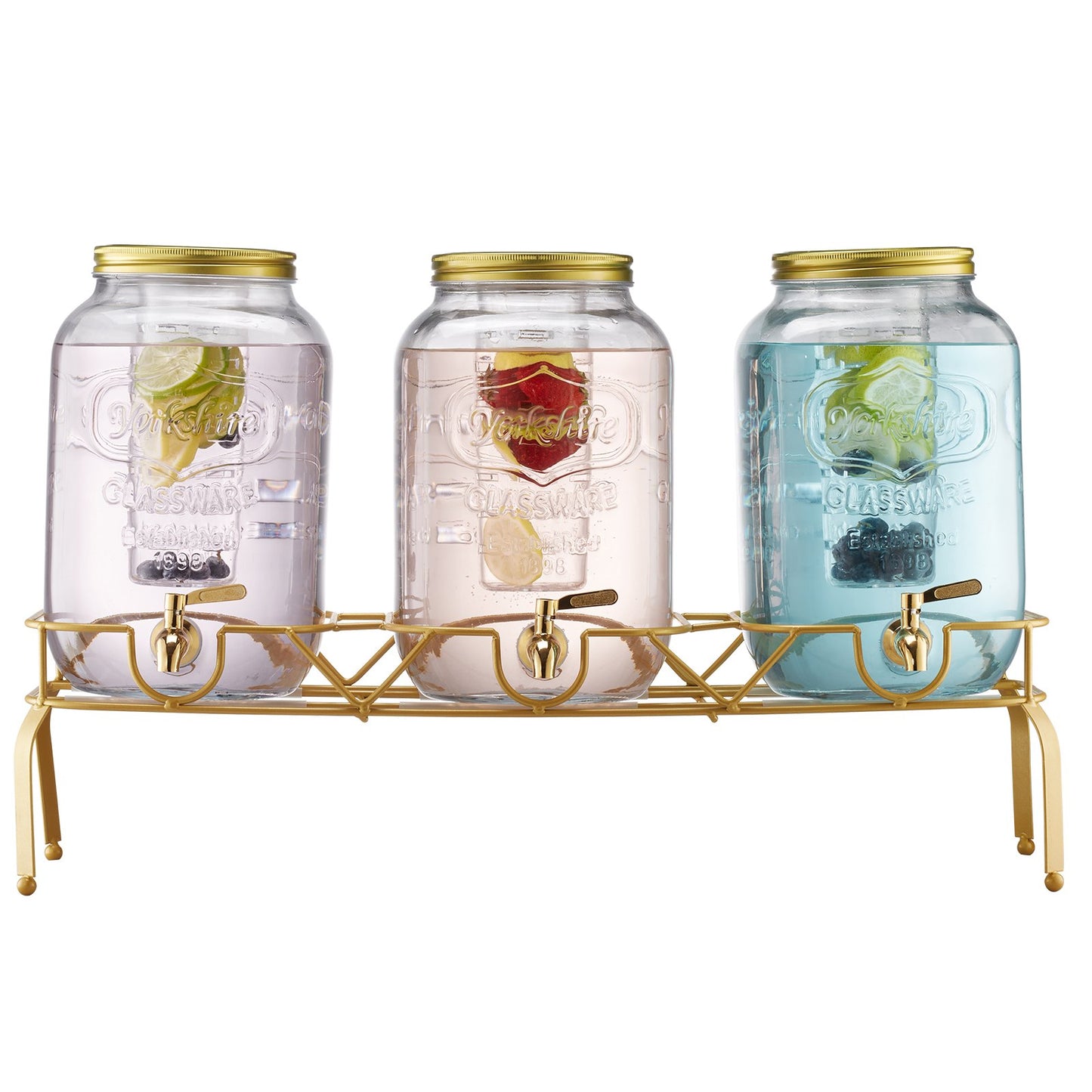 Beverage Dispenser, 3 Pack 2 Gallon Drink Dispensers For Parties, Glass Juice Dispenser With Metal Stand, Stainless Steel Spigot, Infuser, Iced Tea Lemonade Juice Water Dispensers For Parties