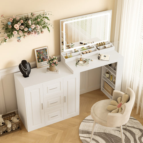Vanity Desk With Mirror And Lights - Glam Dressing Table With Ample Storage White