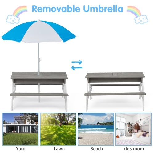 3-In-One Kids Outdoor Wooden Picnic Table With Umbrella Sand Water