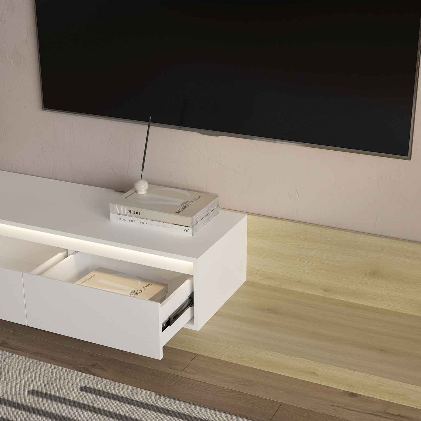 Modern Extendable TV Stand With LED Lights Wooden Entertainment Center And Media Cabinet With Storage Space Suitable For Living Room And Bedroom White