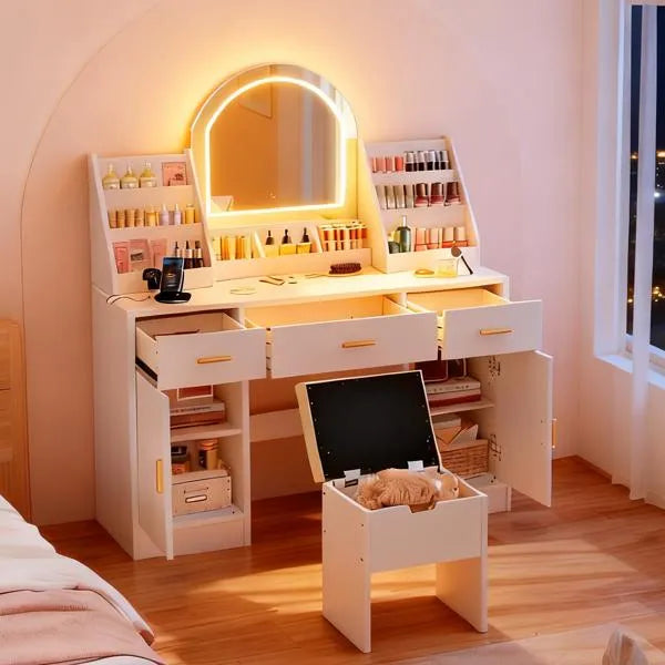 Makeup Vanity With Mirror And Light - Cushioned Stool