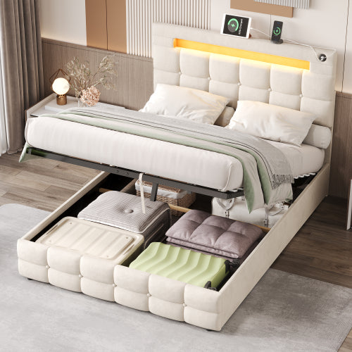 4ft6 Double Upholstered Bed Frame With Hydraulic Storage, Velvet Ottoman Bed With LED Lighting And Charging Station, Double Bed With Adjustable Button Tufted Headboard, Beige