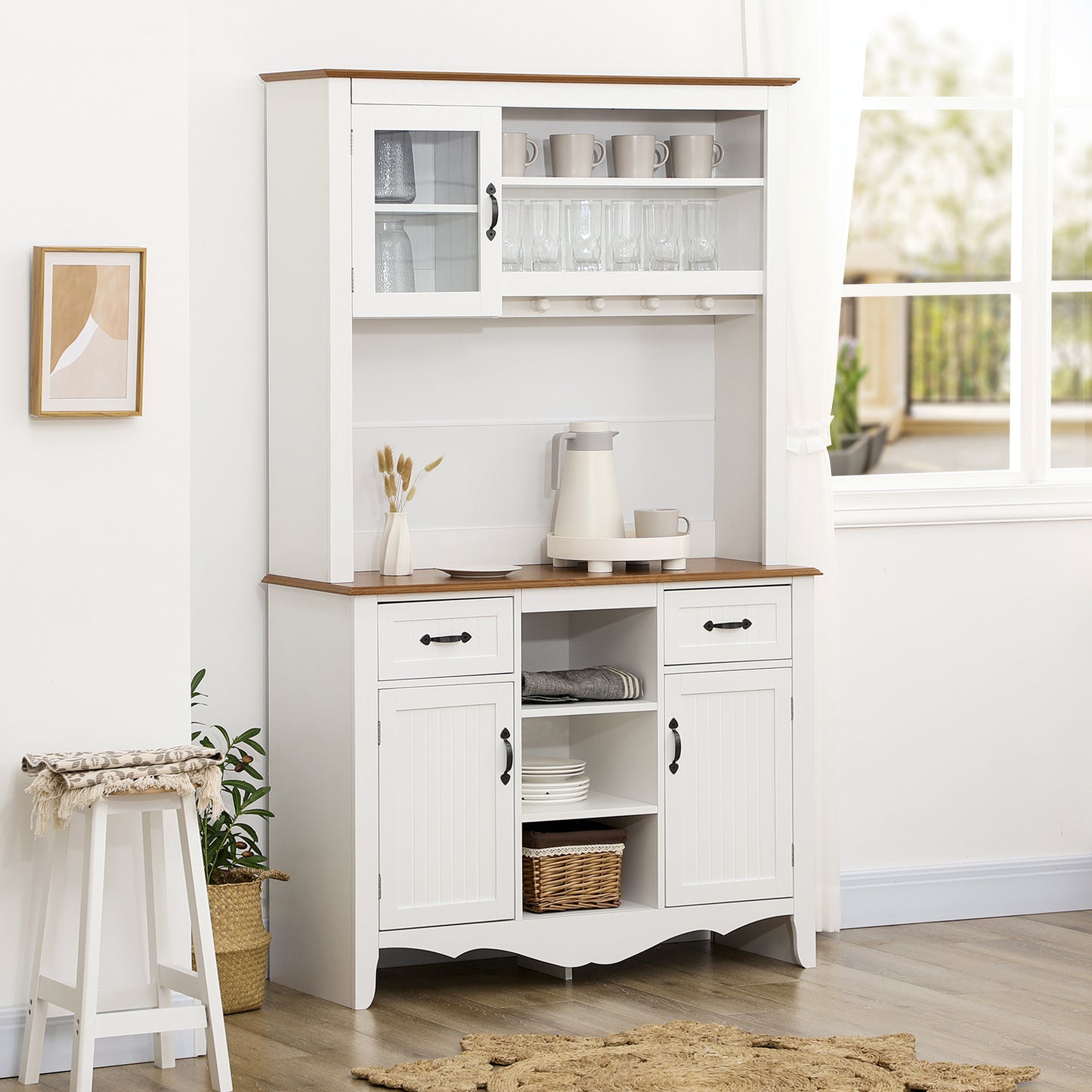 Farmhouse 71" Kitchen Buffet with Hutch, Storage Cabinet with Drawers and Shelves, White