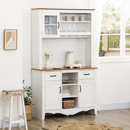 Farmhouse 71" Kitchen Buffet with Hutch, Storage Cabinet with Drawers and Shelves, White