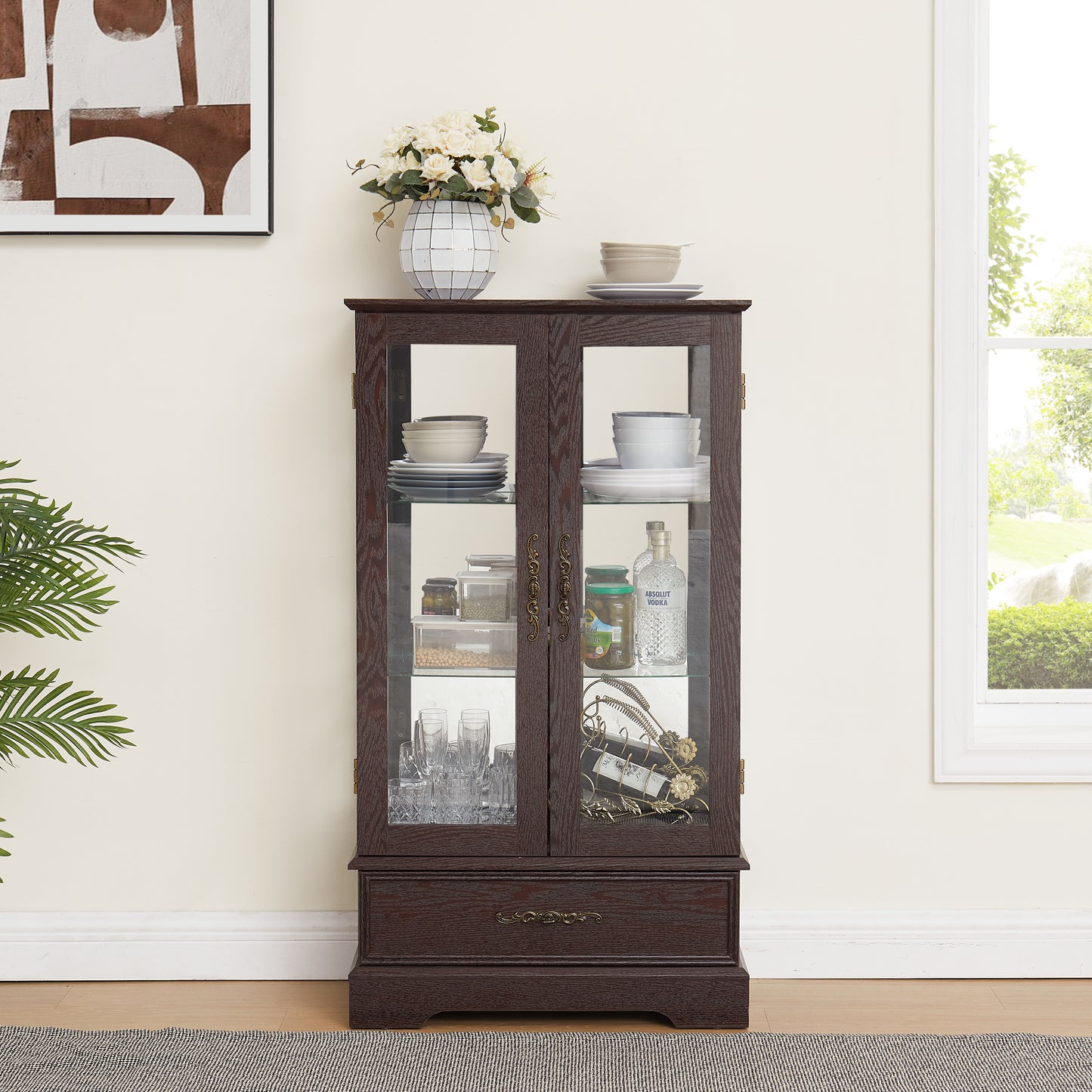 Glass Cabinet Lighted Glass Cabinet Curio Display Cabinet With Adjustable Glass Shelves 2 Doors And 1 Drawer Cabinet Bulb Included Cherry