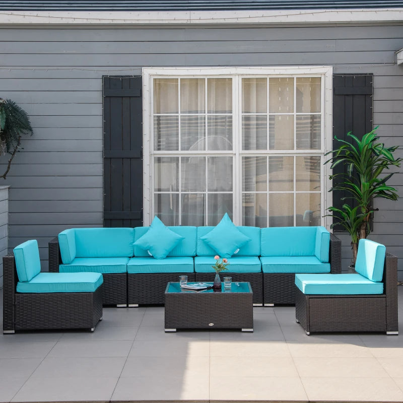 7-Piece Patio Furniture Set, Outdoor Wicker Conversation Set, All Weather PE Rattan Sectional Sofa Set With Cushions And Tempered Glass Top Coffee Table, Pillows, Turquoise
