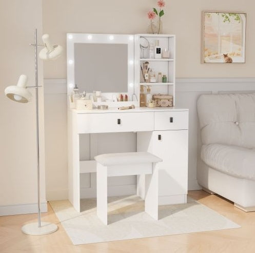 Vanity Desk With Lights - Mirror Set, Three-Level Storage Dresser, Adjustable Brightness, White
