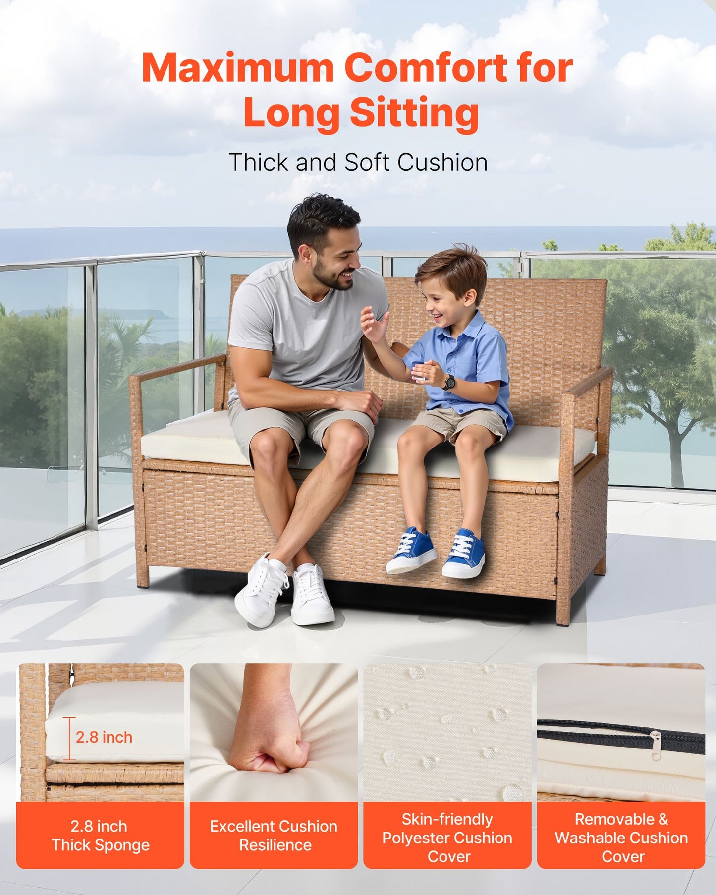 Outdoor PE Rattan Storage Bench With Pneumatic Lift Seats Two