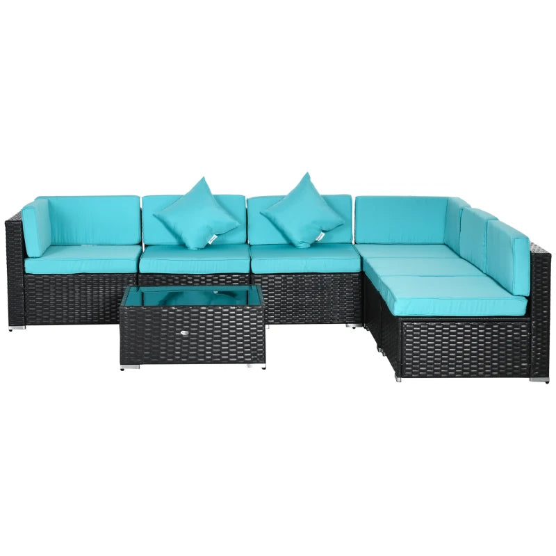 7-Piece Patio Furniture Set, Outdoor Wicker Conversation Set, All Weather PE Rattan Sectional Sofa Set With Cushions And Tempered Glass Top Coffee Table, Pillows, Turquoise