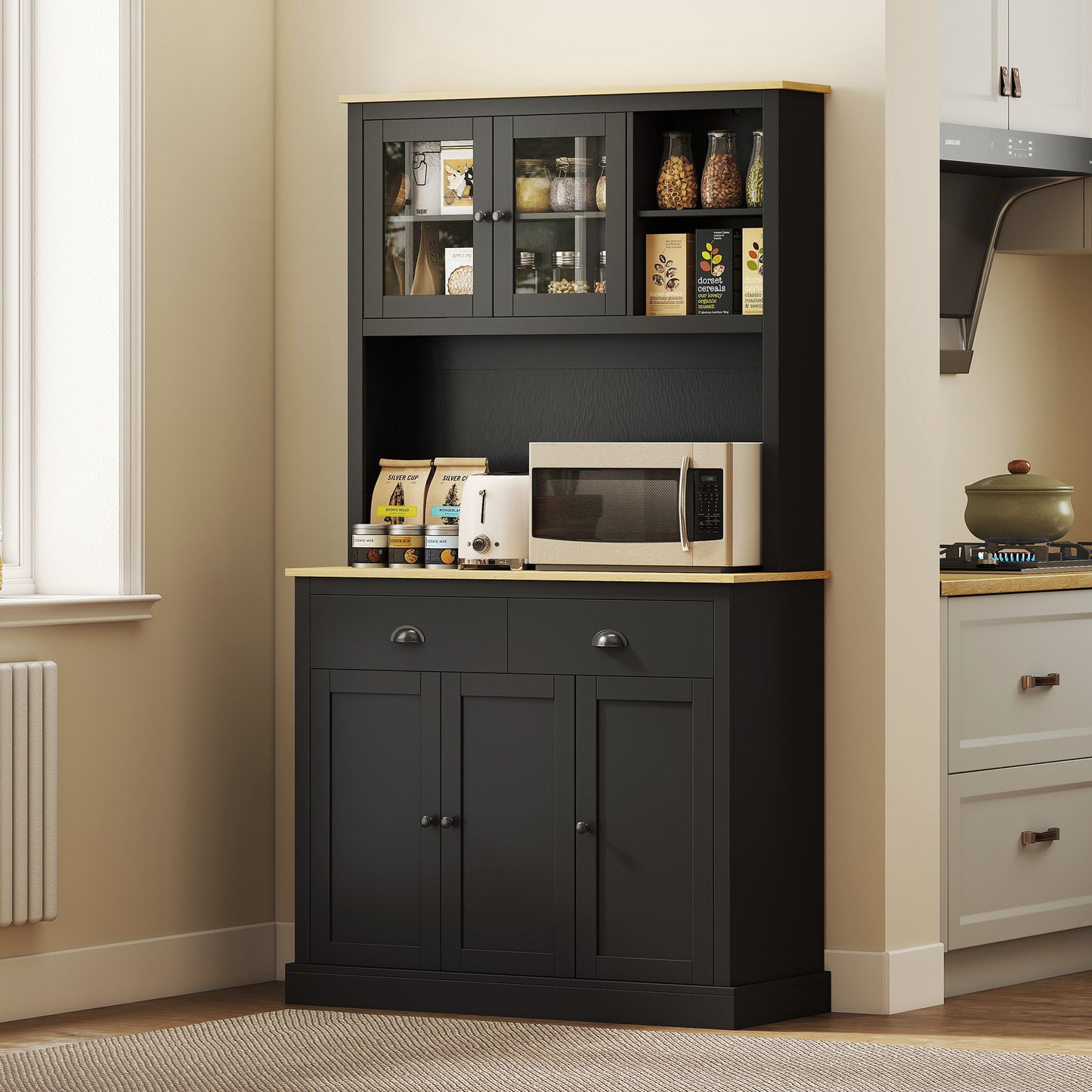 Freestanding Kitchen Cabinet, 71" Tall Pantry Cabinet, Modern Hutch with Wide Countertop, Adjustable Shelves, Black