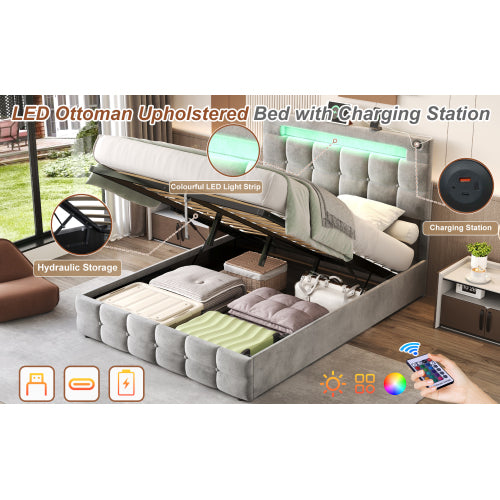 4ft6 Double Upholstered Bed Frame With Hydraulic Storage, Velvet Ottoman Bed With LED Lighting And Charging Station, Double Bed With Adjustable Button Tufted Headboard, Beige