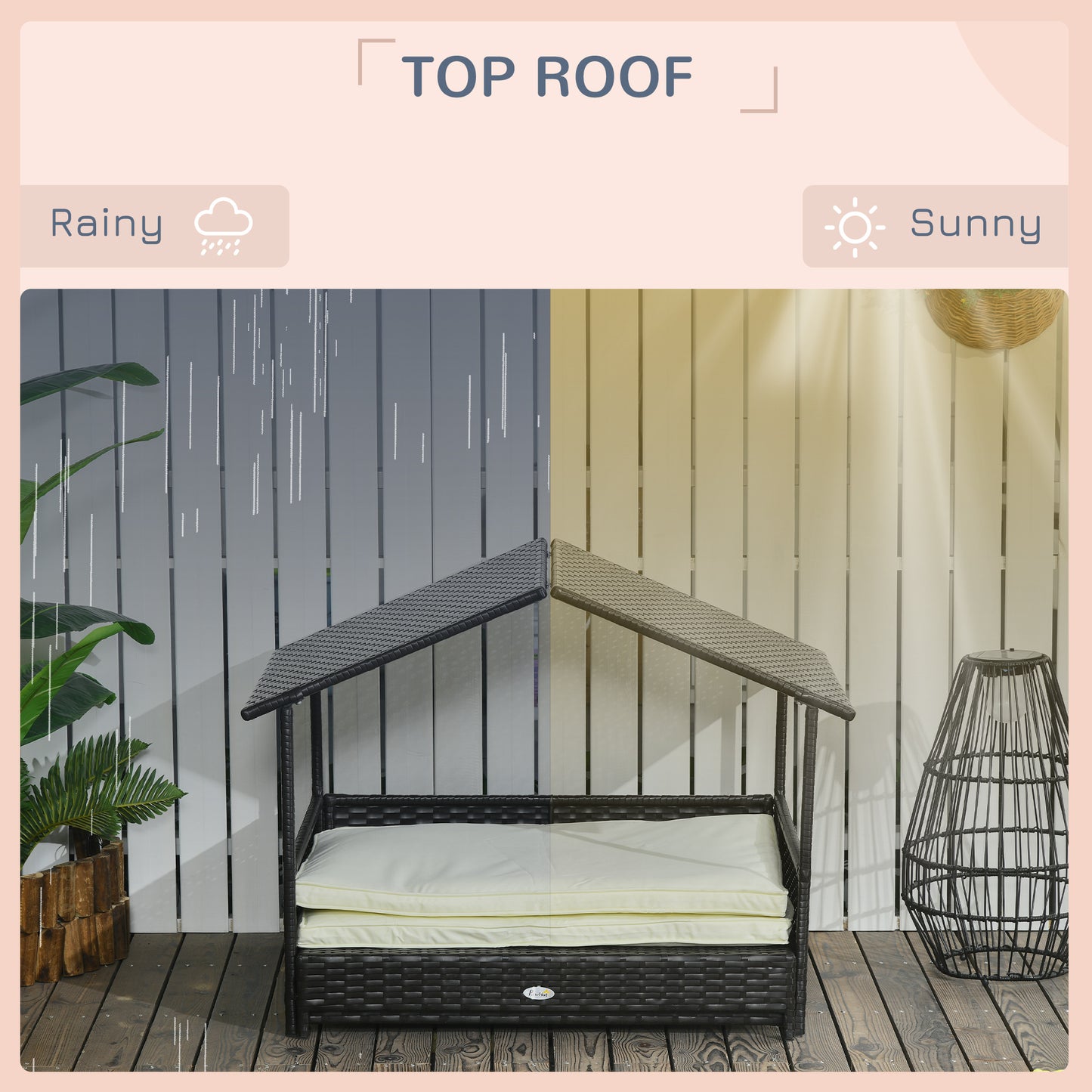 Outdoor Dog Bed Extendable Wicker Dog Bed w/ Waterproof Roof, Soft Cushion, for Small and Medium Dogs, Cream White