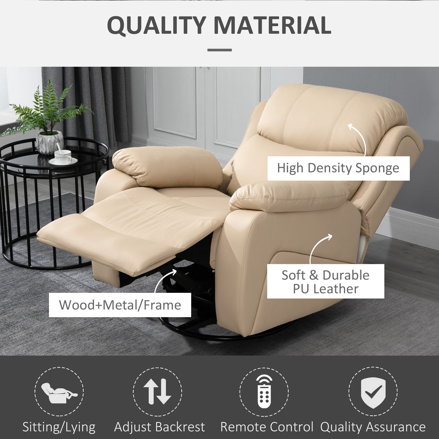 PU Leather Reclining Chair With 8 Massage Points And Heat, Manual Recliner With Swivel Base, Footrest And Remote, Beige
