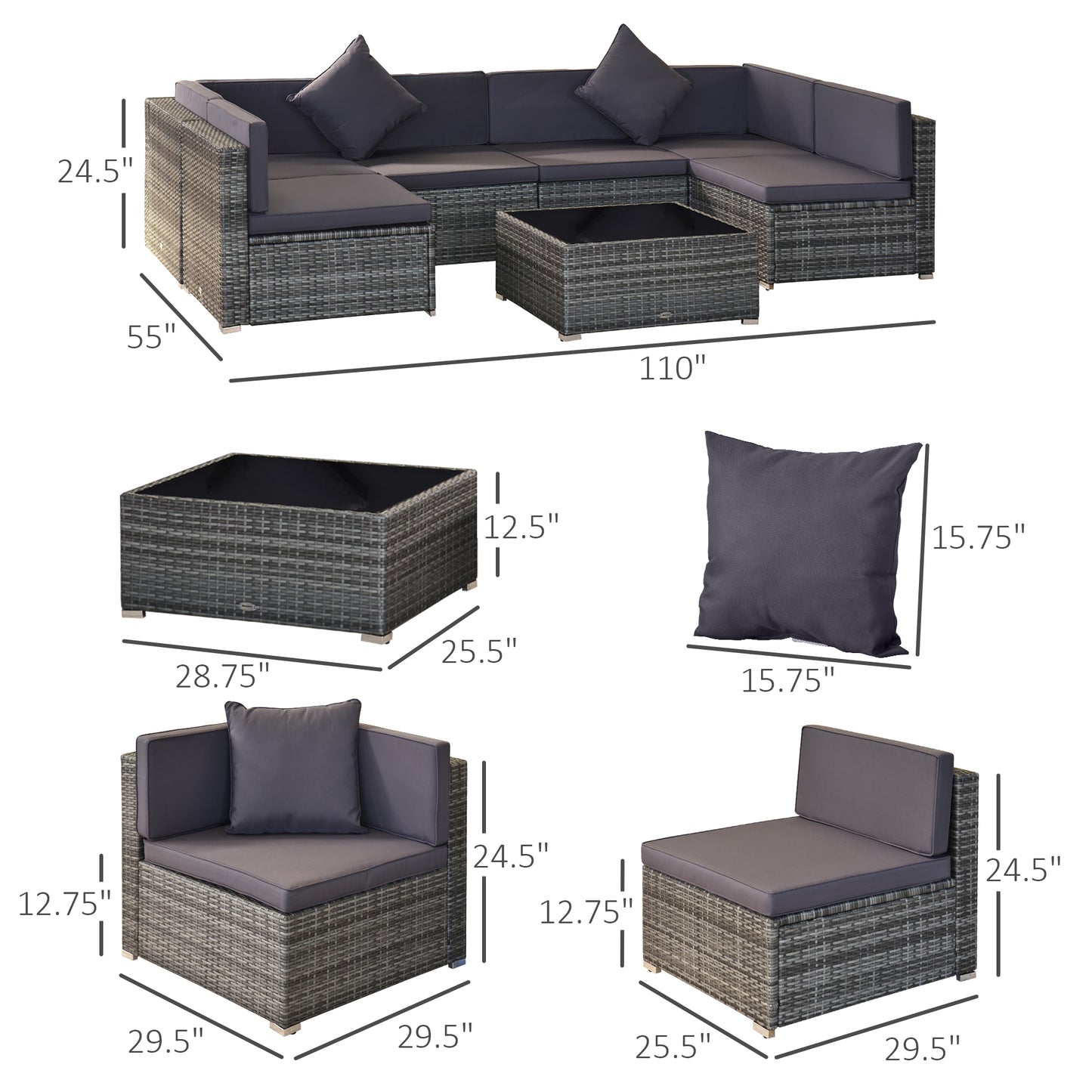 7 Piece Wicker Patio Set -  Sectional With Cushions And Tempered Glass Table Gray