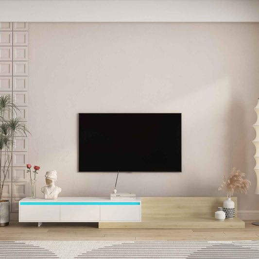 Modern Extendable TV Stand With LED Lights Wooden Entertainment Center And Media Cabinet With Storage Space Suitable For Living Room And Bedroom White