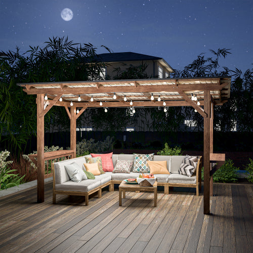 13' X 6.5' Wooden Pergola Grill Gazebo With Metal Roof & Bulbs & Bar Counters