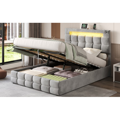 4ft6 Double Upholstered Bed Frame With Hydraulic Storage, Velvet Ottoman Bed With LED Lighting And Charging Station, Double Bed With Adjustable Button Tufted Headboard, Beige