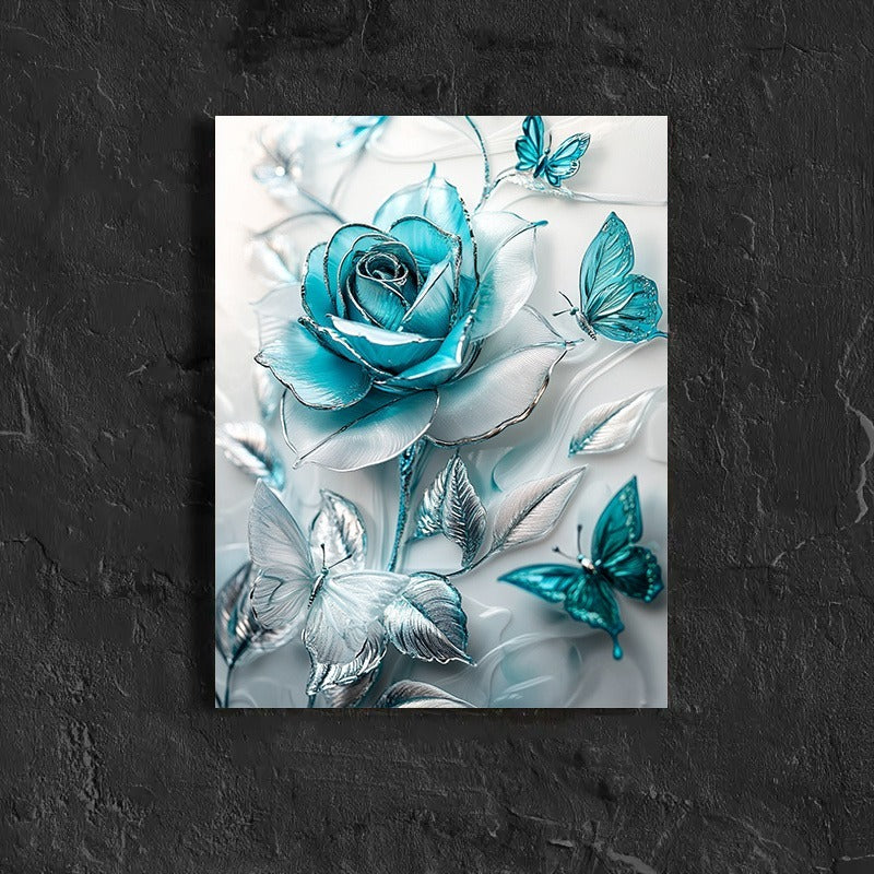 Turquoise Blue Crystal Rose And Teal Butterflies Canvas Wall Decor