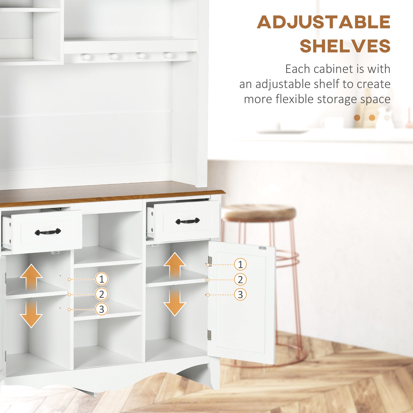 Farmhouse 71" Kitchen Buffet with Hutch, Storage Cabinet with Drawers and Shelves, White