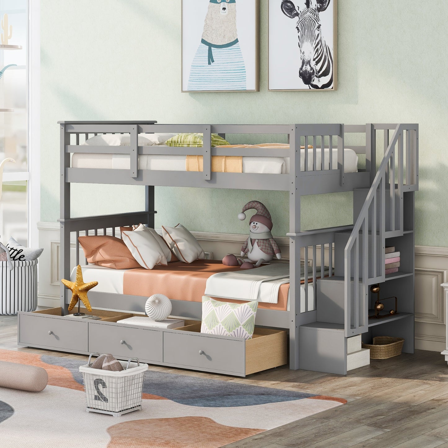 Stairway Twin-Over-Twin Bunk Bed With 3 Drawers - Gray