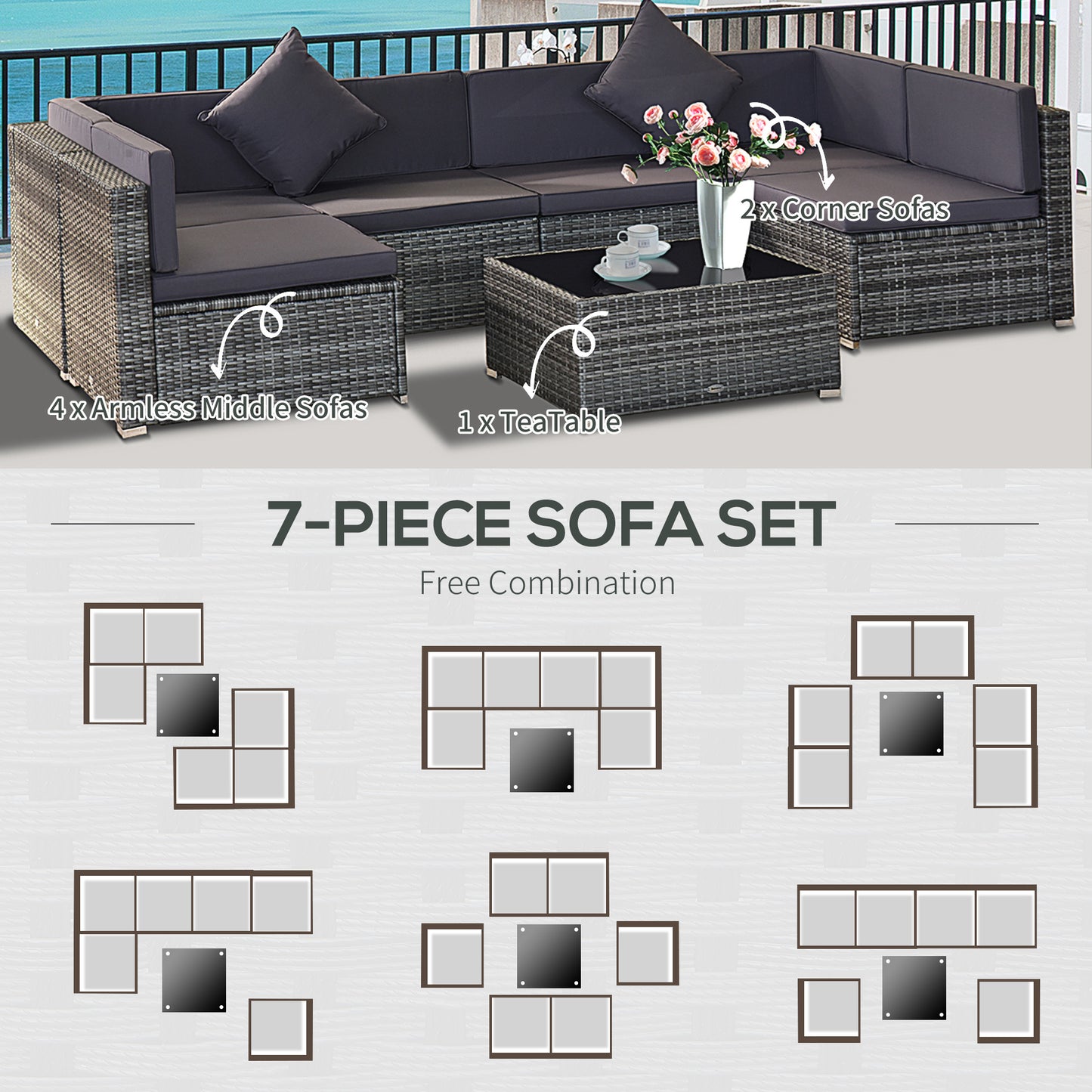 7 Piece Wicker Patio Set -  Sectional With Cushions And Tempered Glass Table Gray