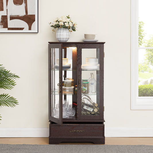 Glass Cabinet Lighted Glass Cabinet Curio Display Cabinet With Adjustable Glass Shelves 2 Doors And 1 Drawer Cabinet Bulb Included Cherry
