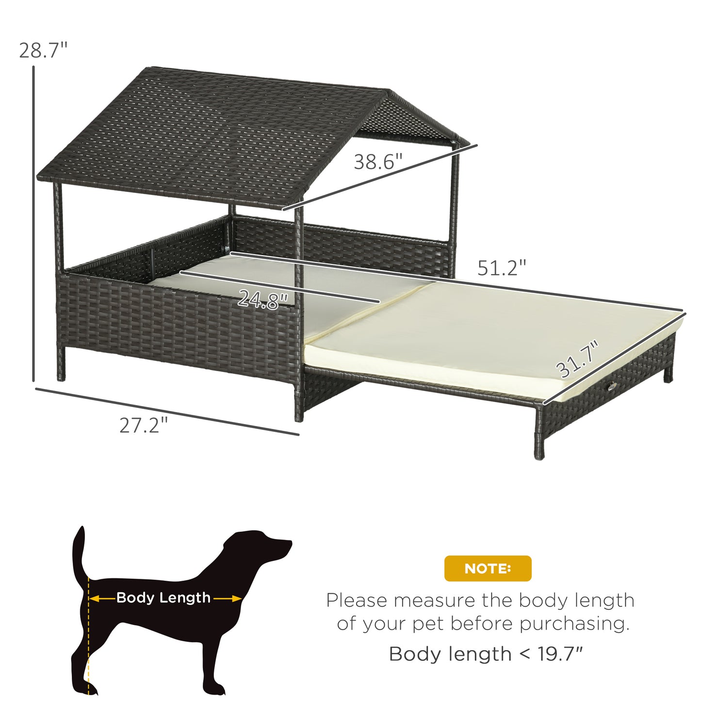 Outdoor Dog Bed Extendable Wicker Dog Bed w/ Waterproof Roof, Soft Cushion, for Small and Medium Dogs, Cream White