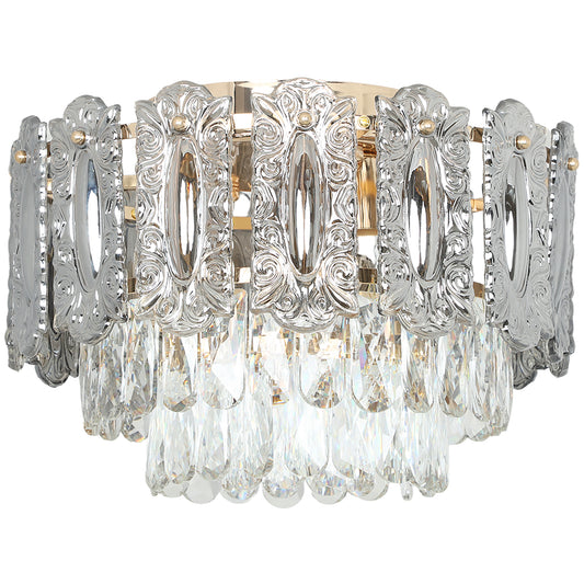 Chandelier Ceiling Light, 3-Light Vintage Flush Mount Fixture With Dual Crystal And Smoke Glass Shade, LED Ceiling Light For Living Room Bedroom, 3 E27 Sockets, Bulbs Not Included, Gold Tone