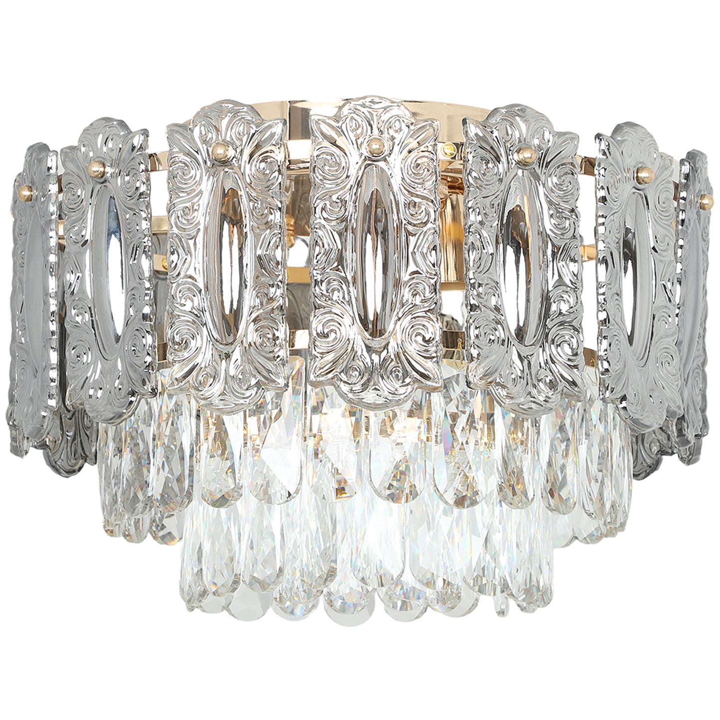 Chandelier Ceiling Light, 3-Light Vintage Flush Mount Fixture With Dual Crystal And Smoke Glass Shade, LED Ceiling Light For Living Room Bedroom, 3 E27 Sockets, Bulbs Not Included, Gold Tone