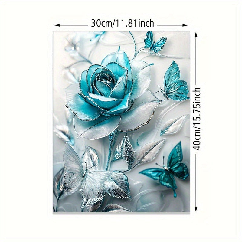 Turquoise Blue Crystal Rose And Teal Butterflies Canvas Wall Decor