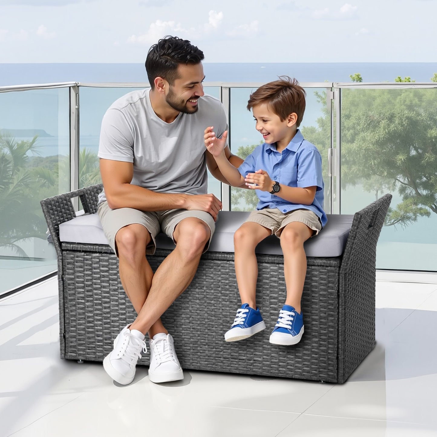 Pneumatic Lift Outdoor Waterproof PE Rattan Storage Bench 40Gal