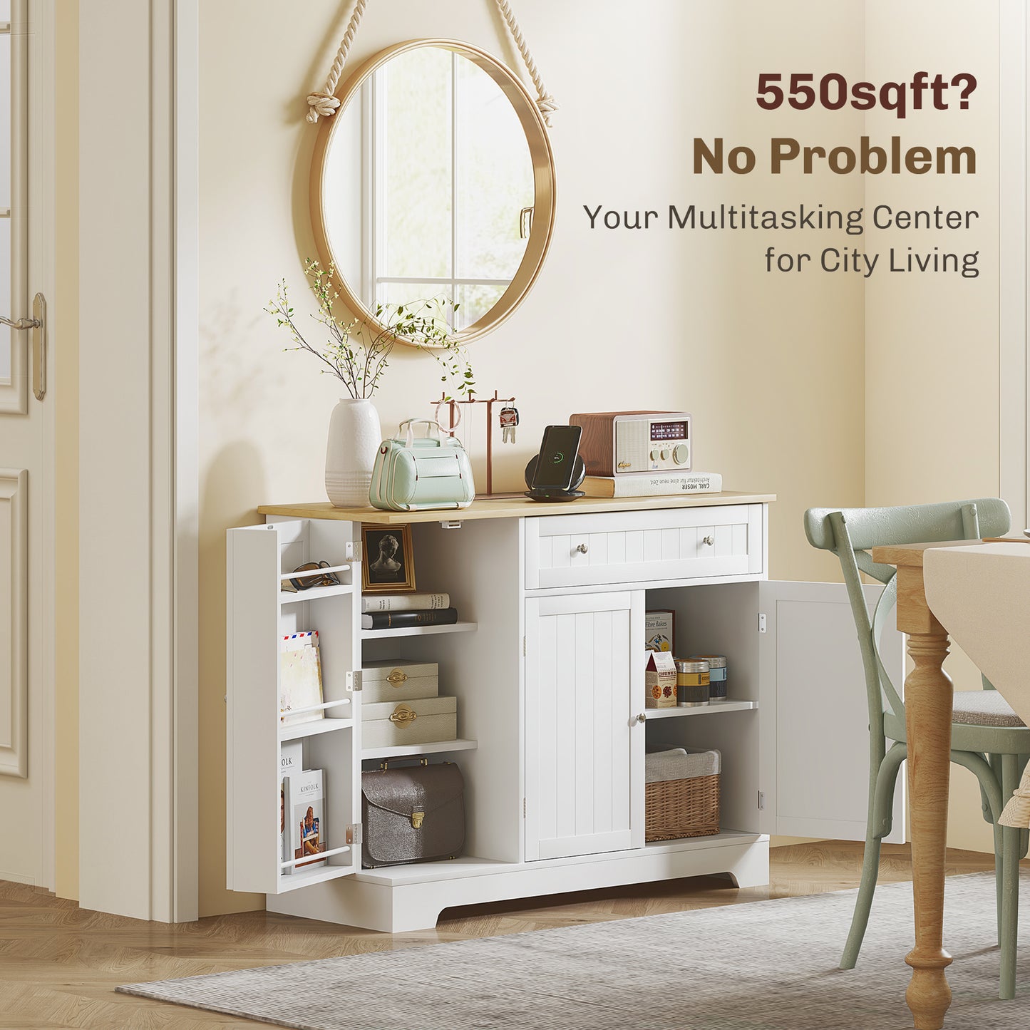 Modern Sideboard Cabinet, 41" Kitchen Buffet Cabinet with Drawer, Adjustable Shelf, 3 Doors for Dining Room, White