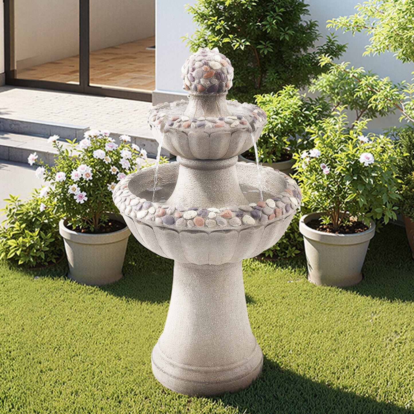 Two Tier Rock Base Outdoor Water Fountain Soothing Yard Decor