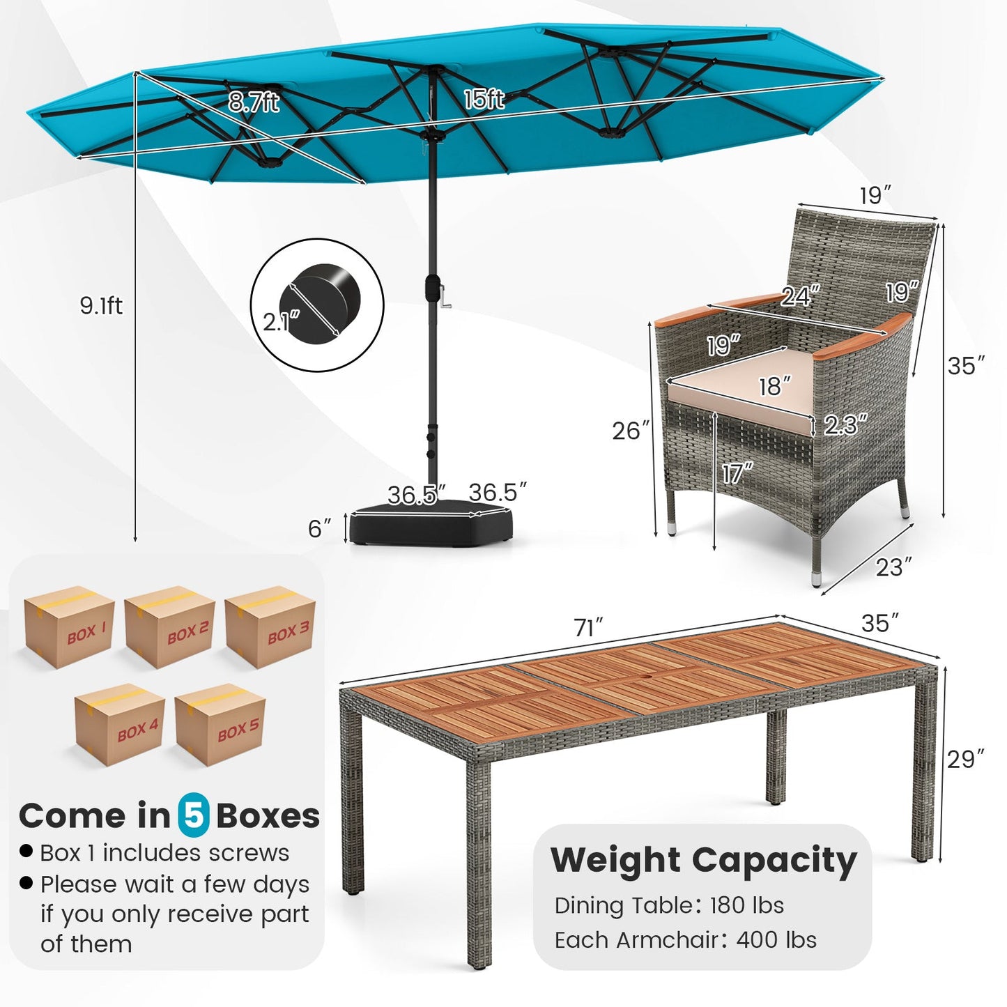 10 Pieces Patio Wicker Dining Set with 15 Feet Double-Sided Patio Umbrella-Turquoise