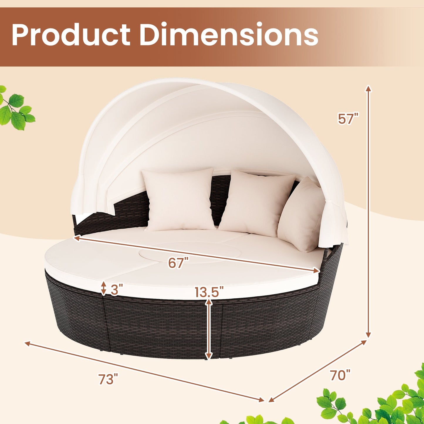 Patio Round Daybed with Retractable Canopy-White
