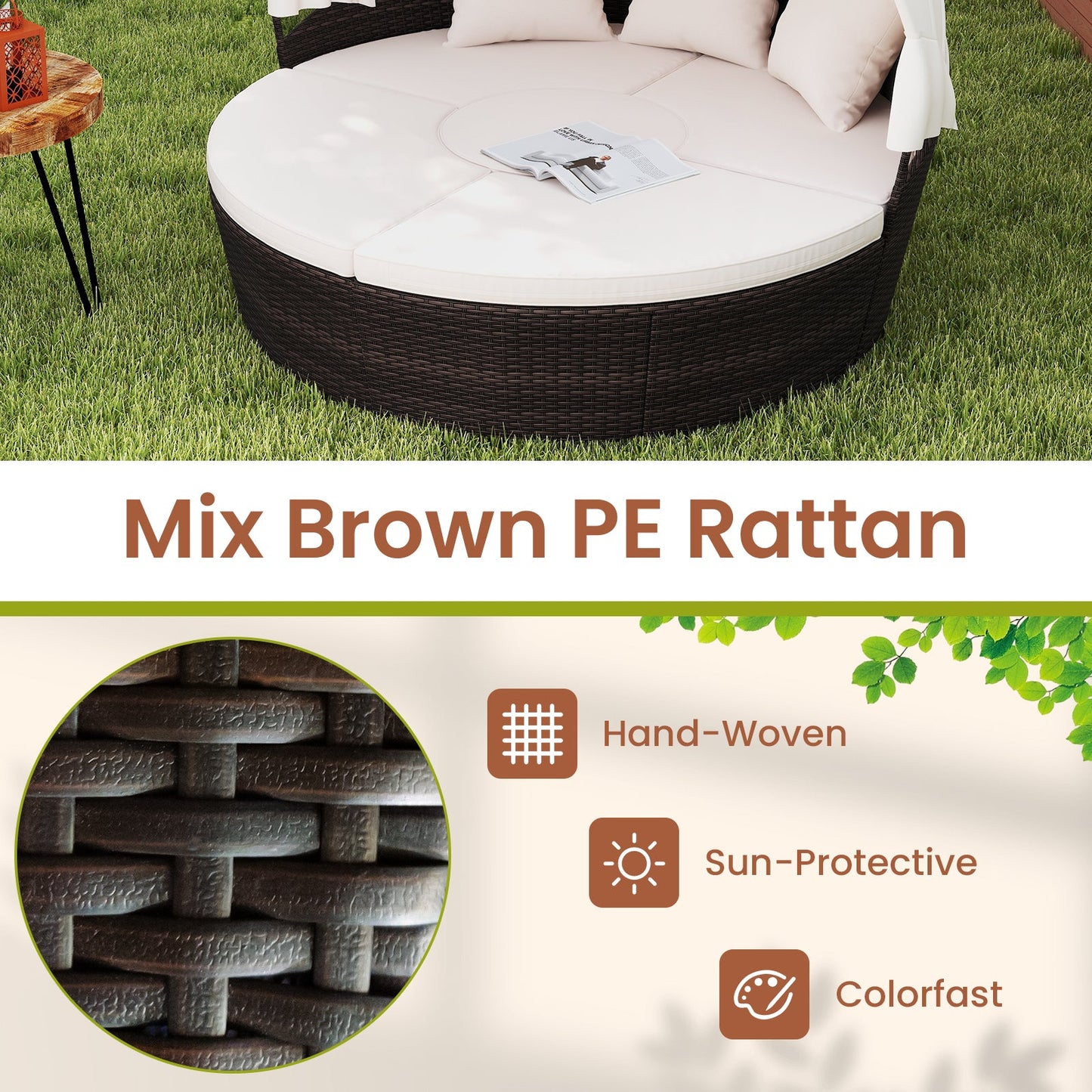 Patio Round Daybed with Retractable Canopy-White